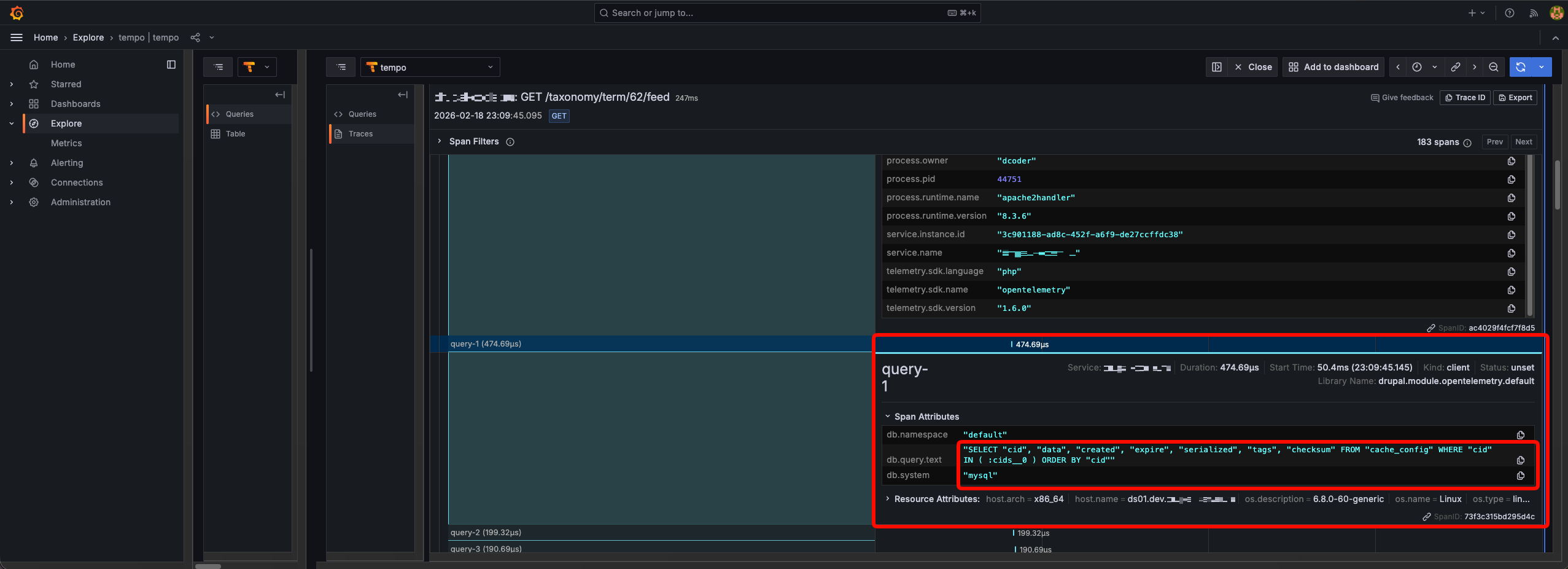 Детали спана query-1: SQL-запрос к cache_config, атрибуты и ресурсы